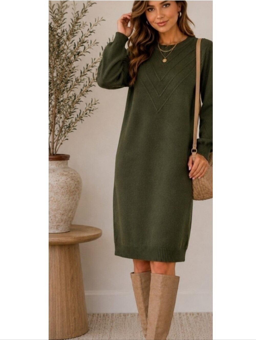 Mystree Rib Chevron Sweater Dress Tunic‎ Dark Olive Green Medium New